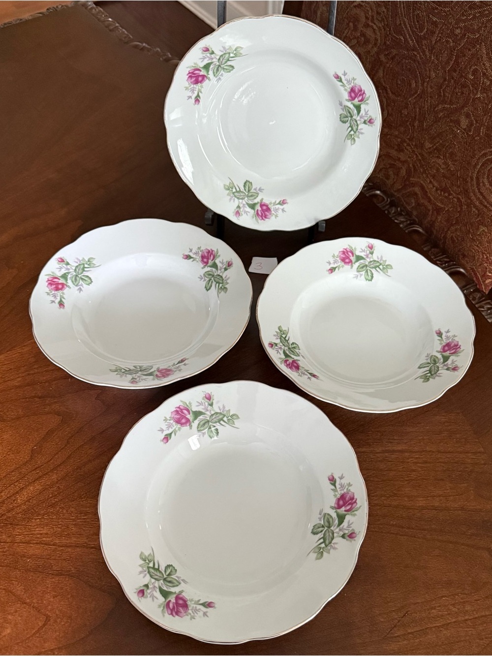 4 VTG Rimmed 8” Soup Bowls with Pompadour Rose Pattern Made in China - Listing 3